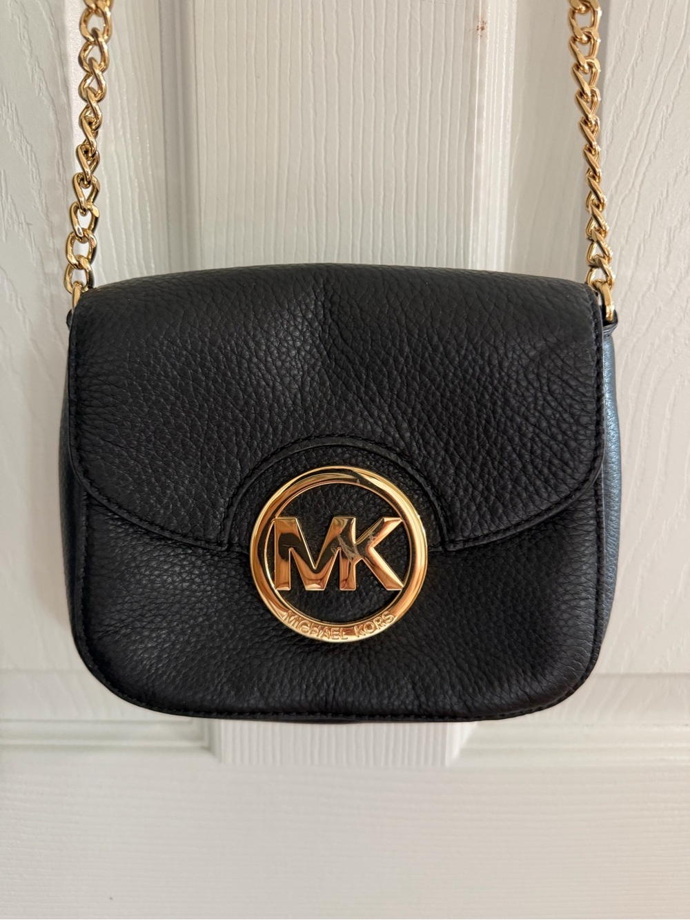 Michael Kors Black Leather Crossbody with Gold MK Medallion